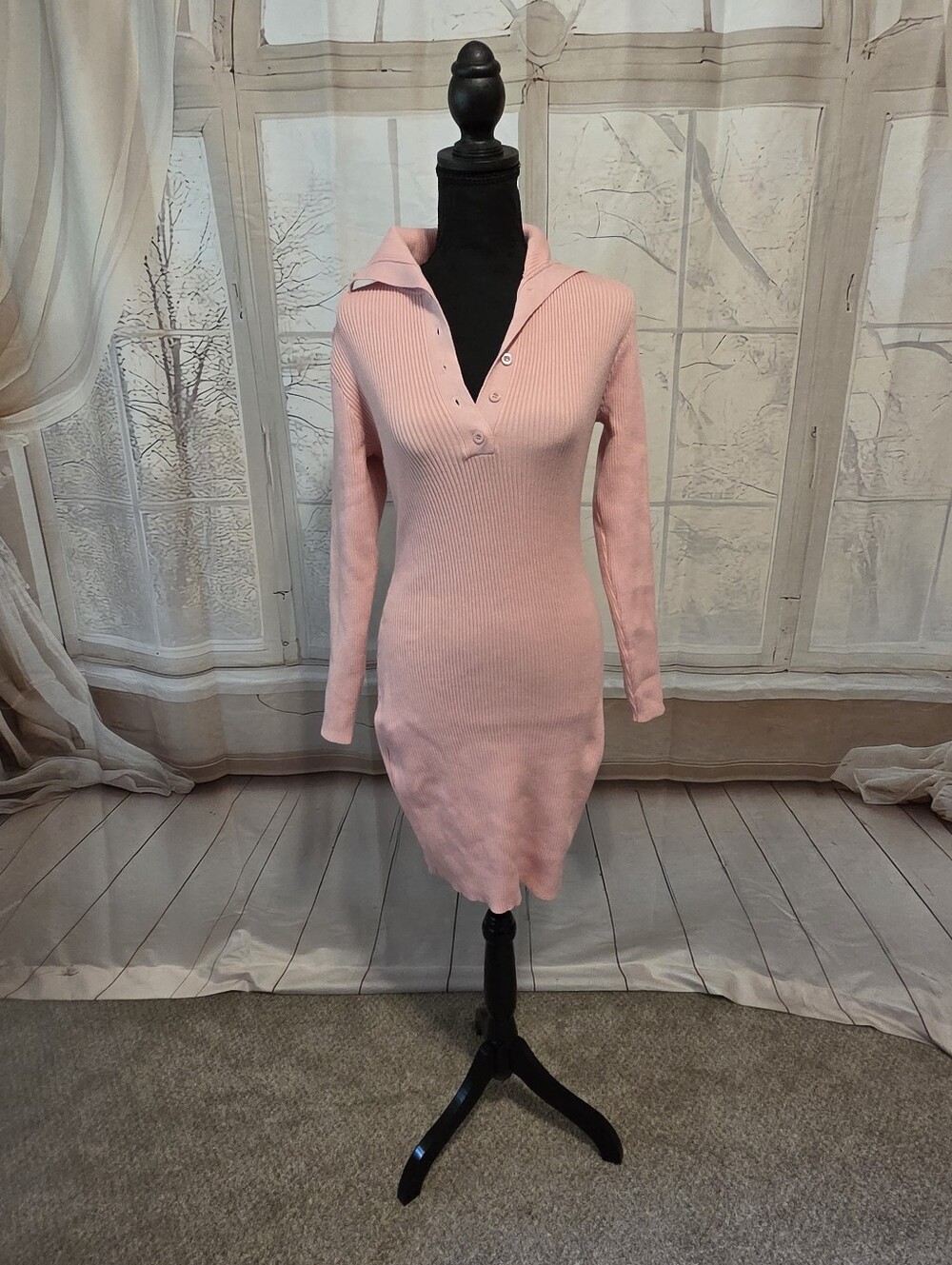 Ribbed Knit Long Sleeve Polo Sweater Dress - Pink